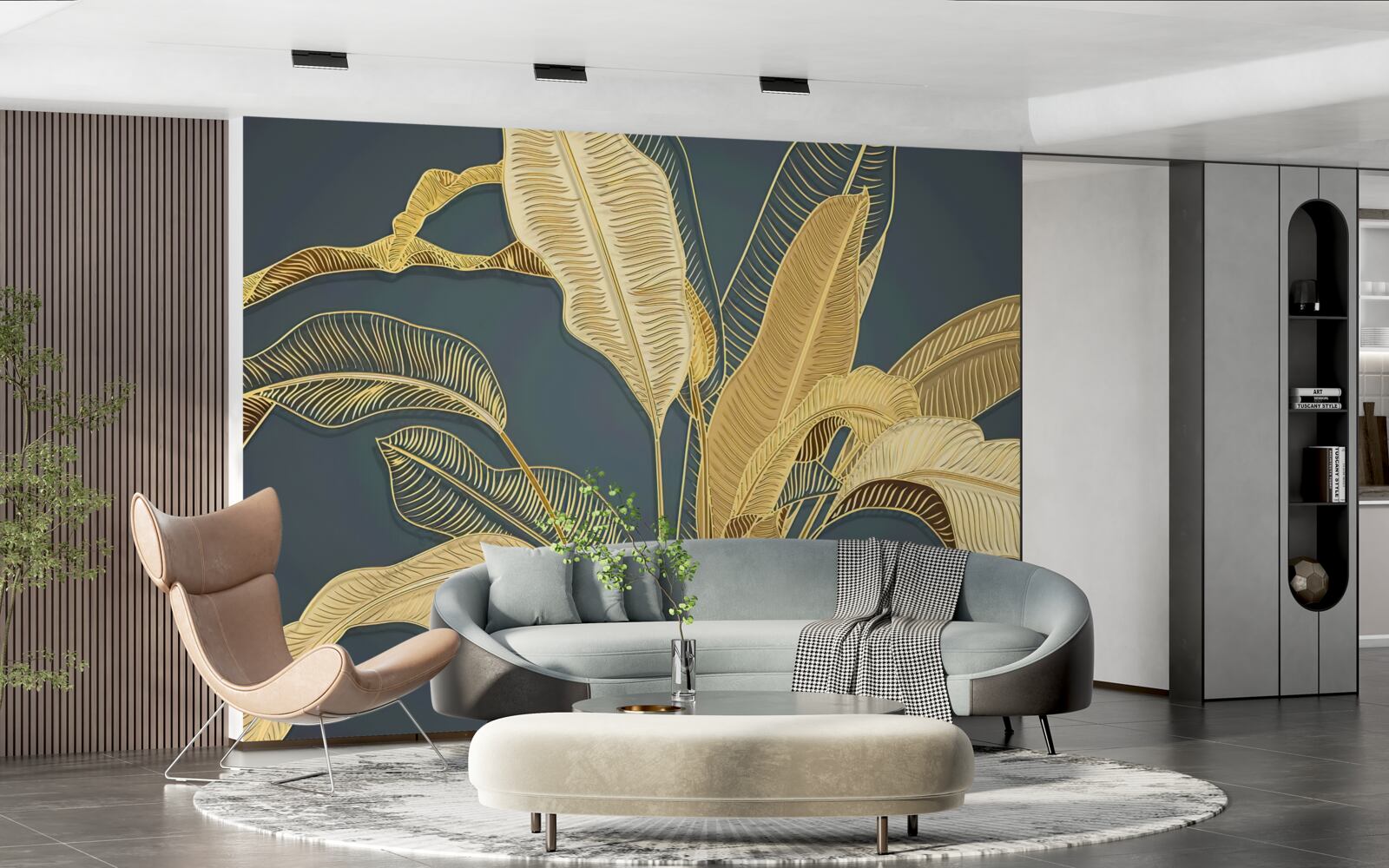 Fotobehang bronzen veerbladeren in een florale compositie