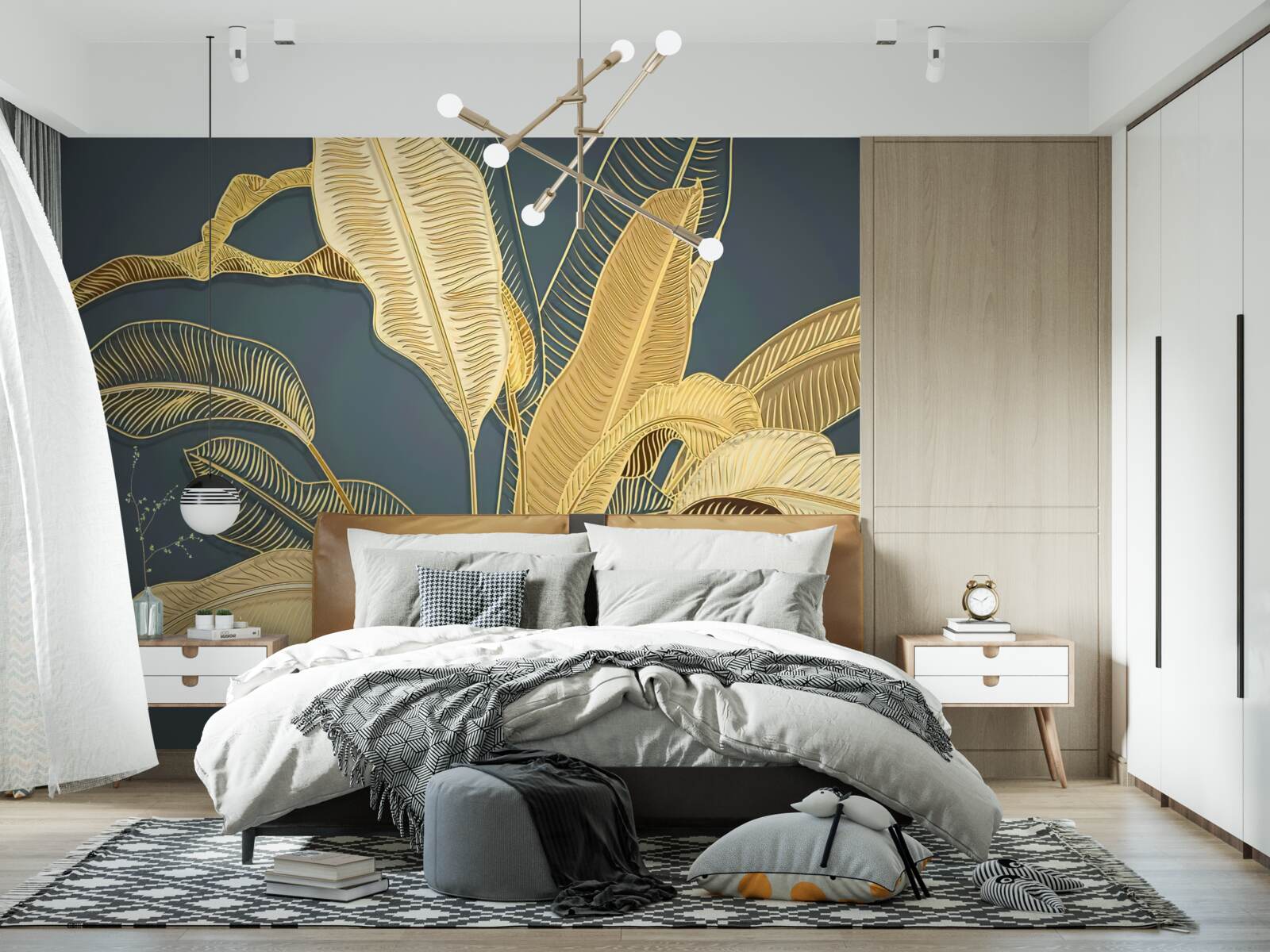 Fotobehang bronzen veerbladeren in een florale compositie