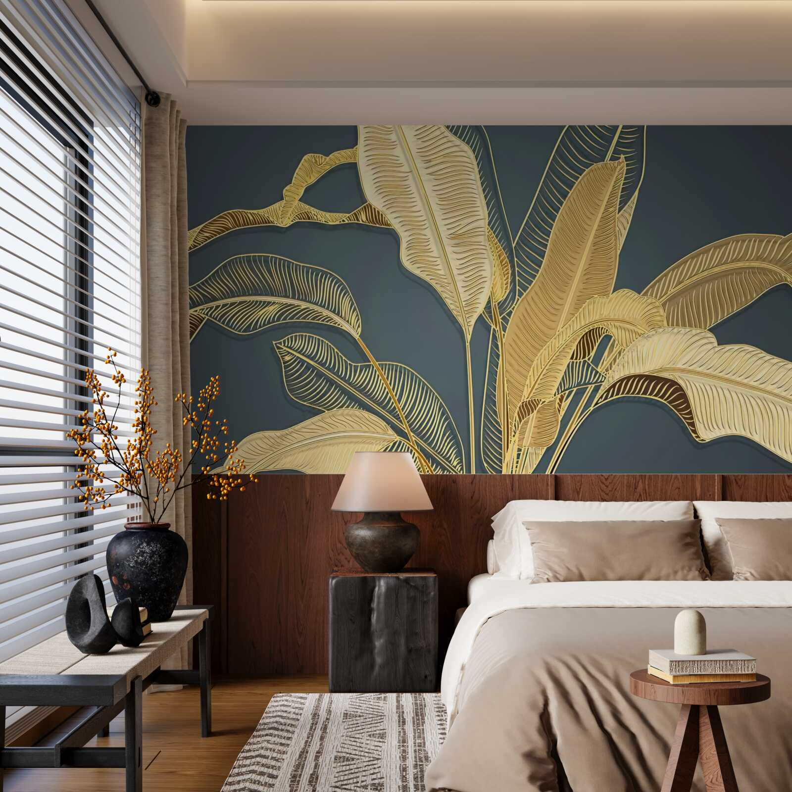 Fotobehang bronzen veerbladeren in een florale compositie