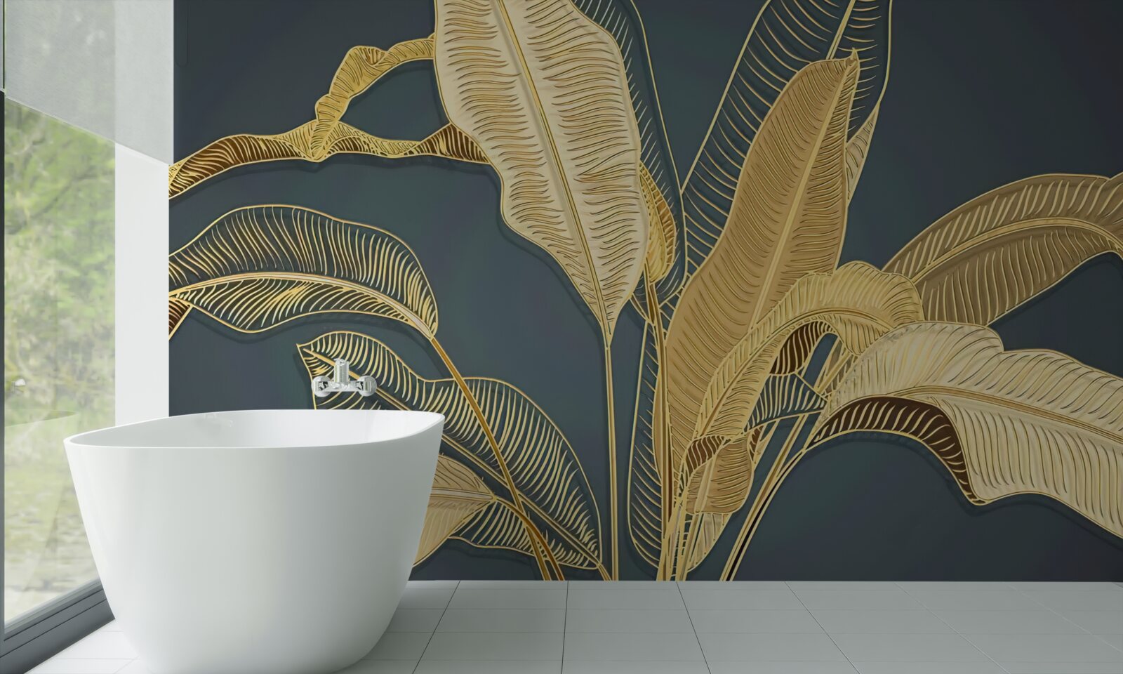 Fotobehang bronzen veerbladeren in een florale compositie