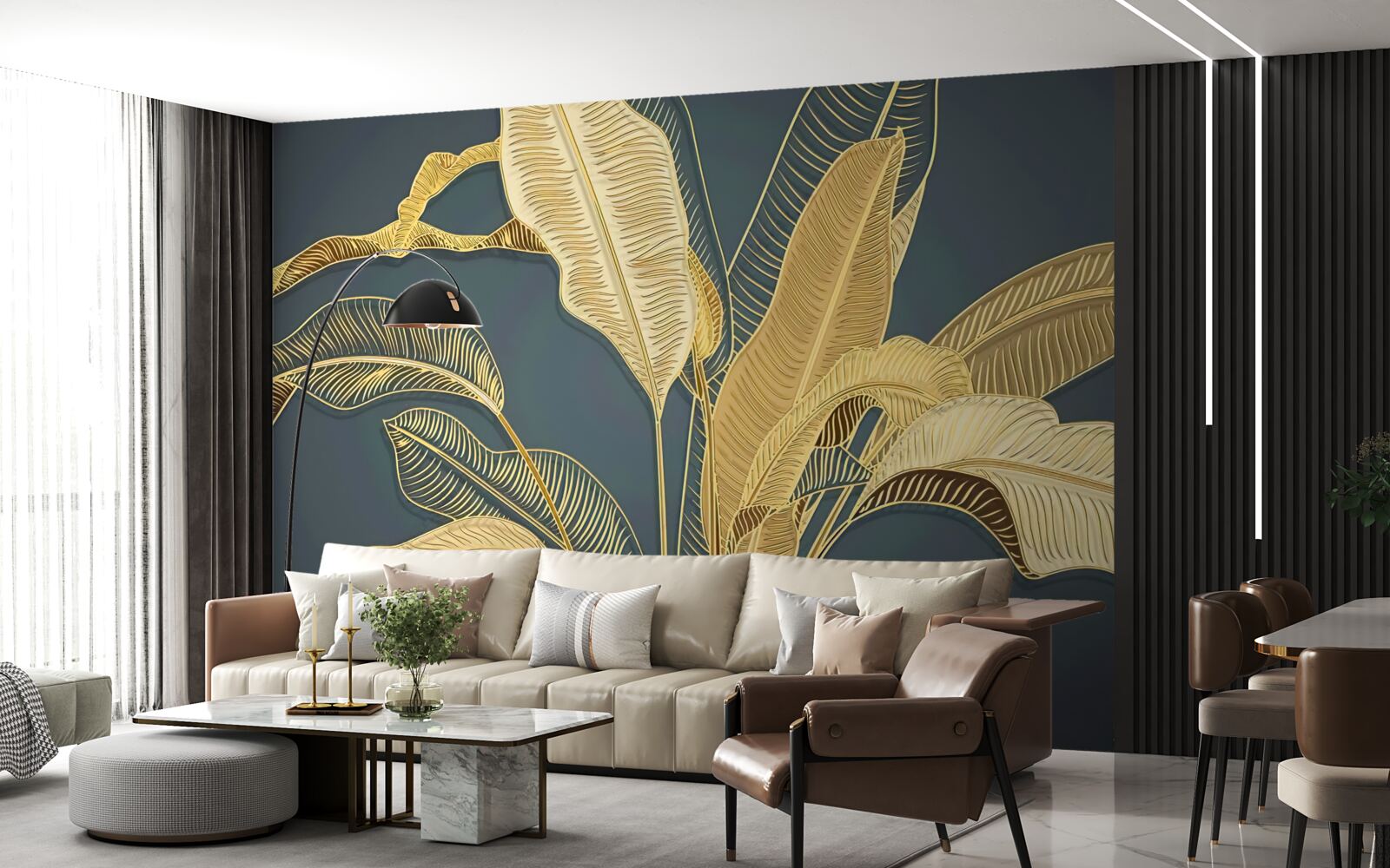 Fotobehang bronzen veerbladeren in een florale compositie