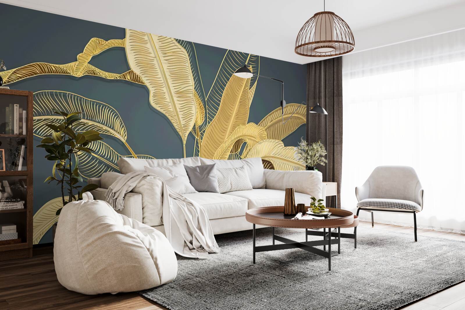 Fotobehang bronzen veerbladeren in een florale compositie