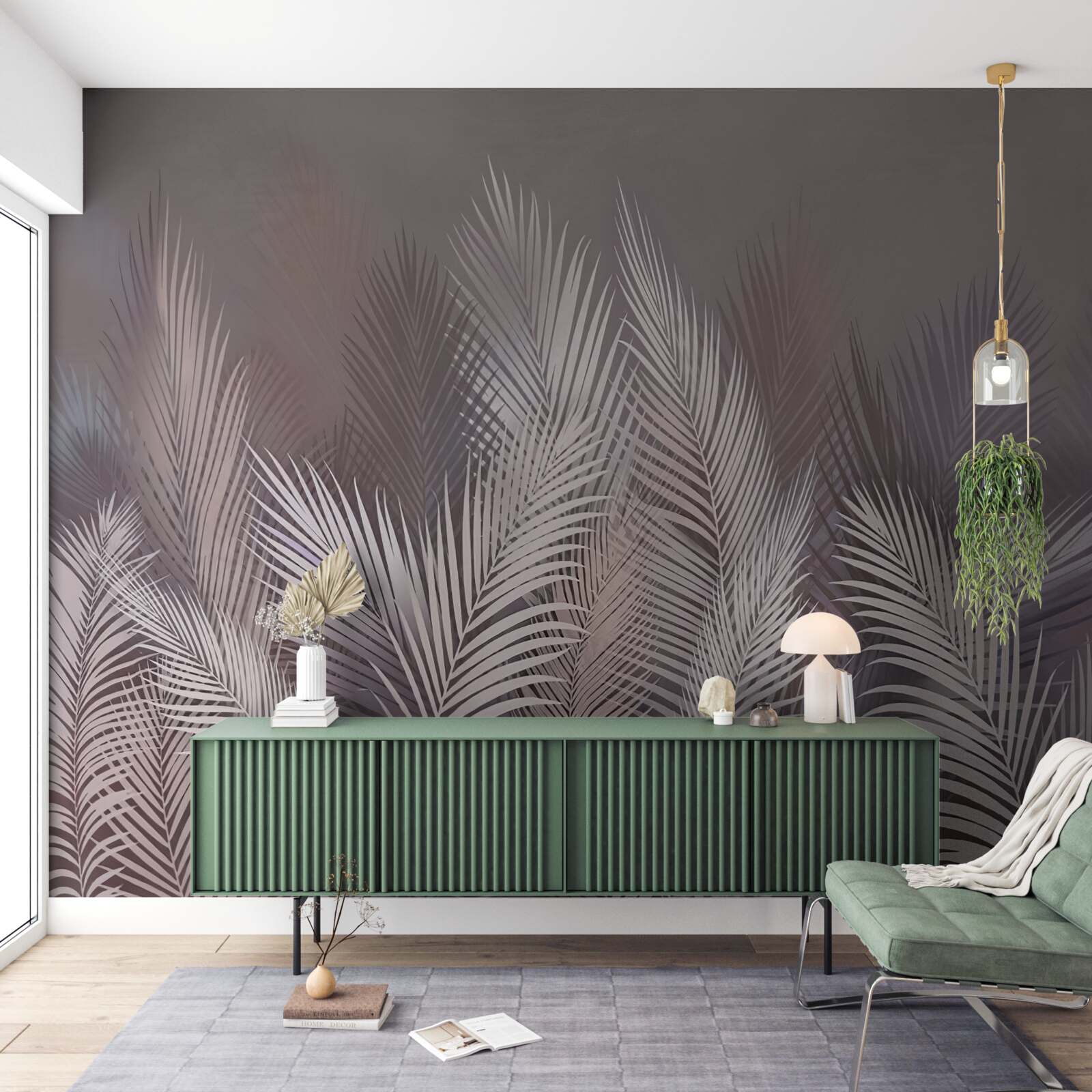 Fotobehang mistige achtergrond geeft witte tropische bladeren een unieke sfeer