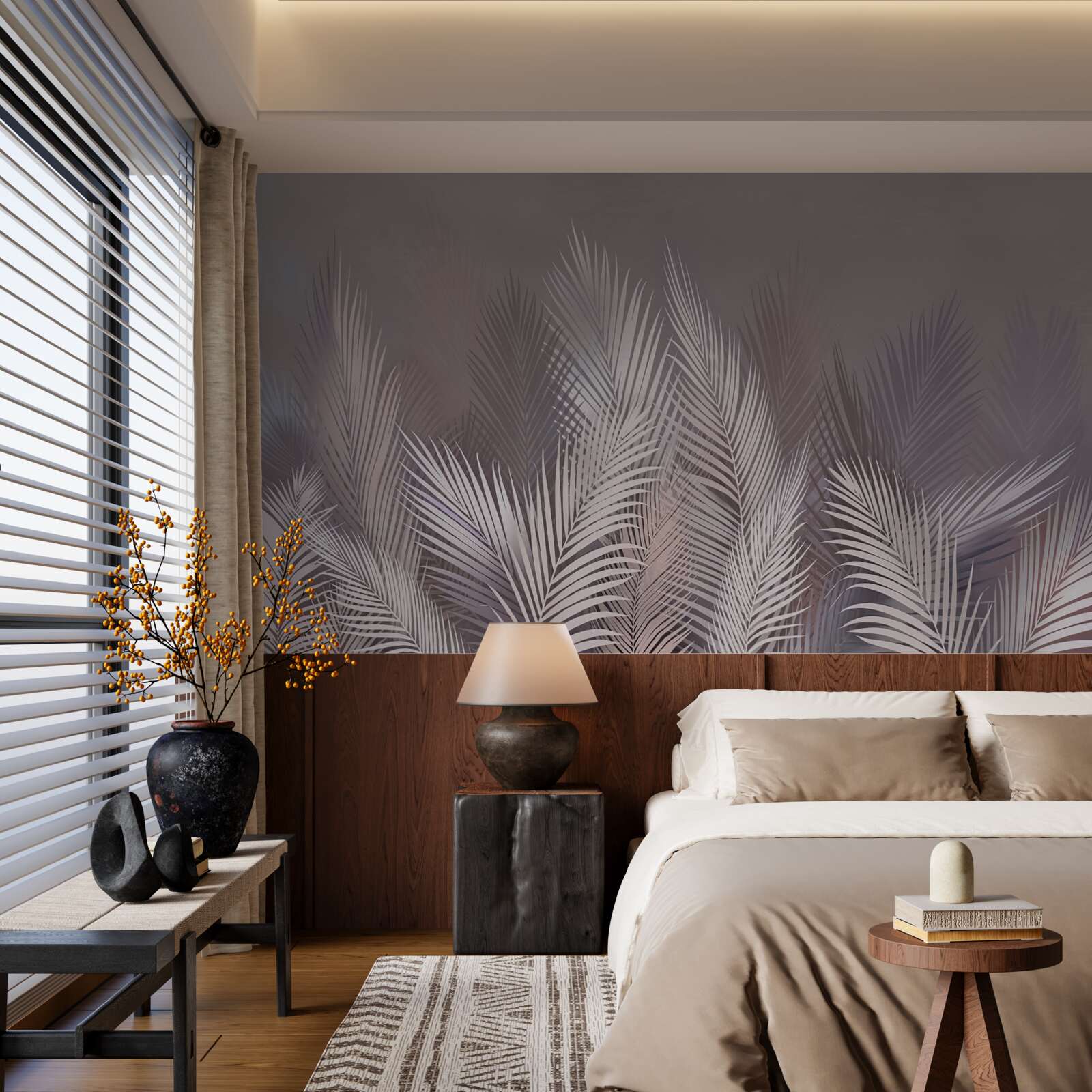 Fotobehang mistige achtergrond geeft witte tropische bladeren een unieke sfeer