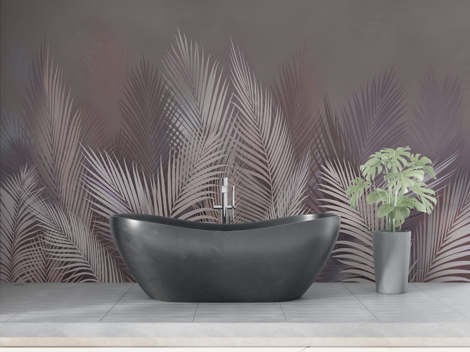 Fotobehang mistige achtergrond geeft witte tropische bladeren een unieke sfeer