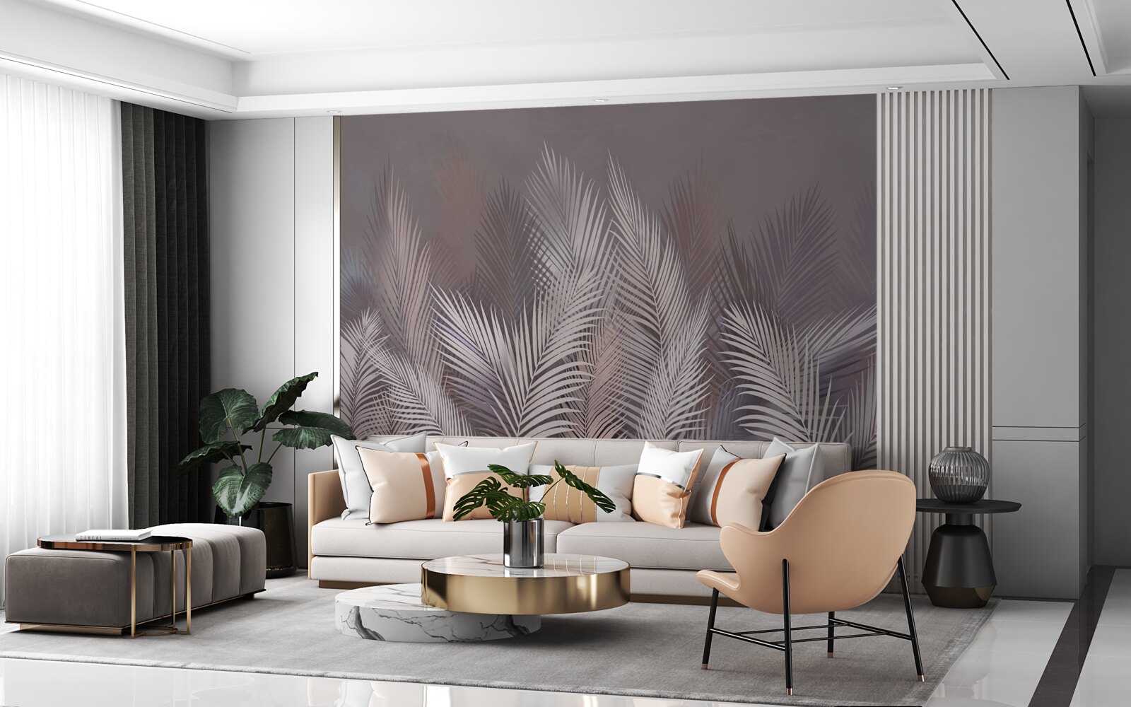 Fotobehang mistige achtergrond geeft witte tropische bladeren een unieke sfeer