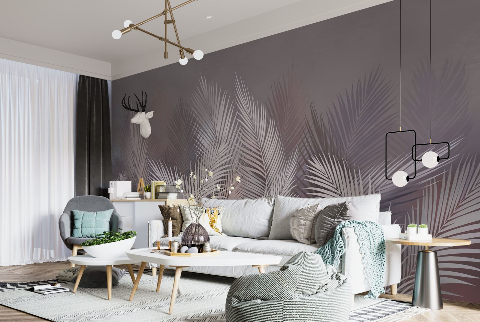 Fotobehang mistige achtergrond geeft witte tropische bladeren een unieke sfeer