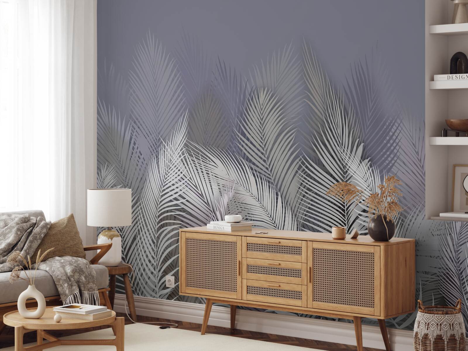 Fotobehang witte palmbladeren in het donker