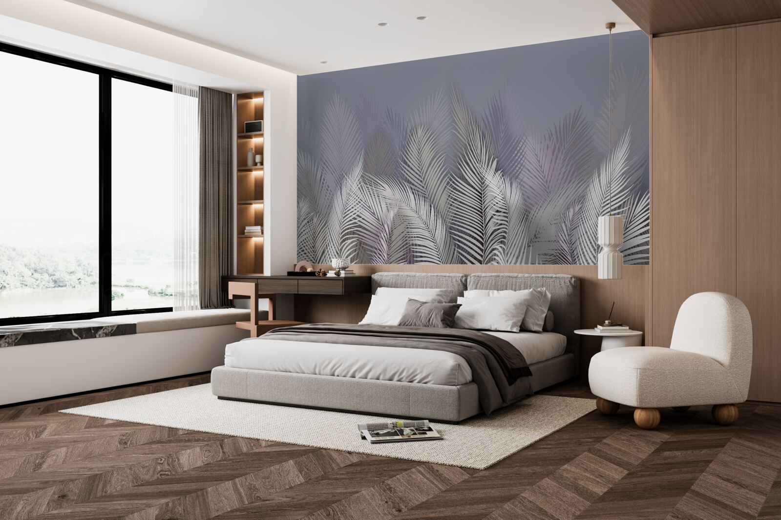 Fotobehang witte palmbladeren in het donker