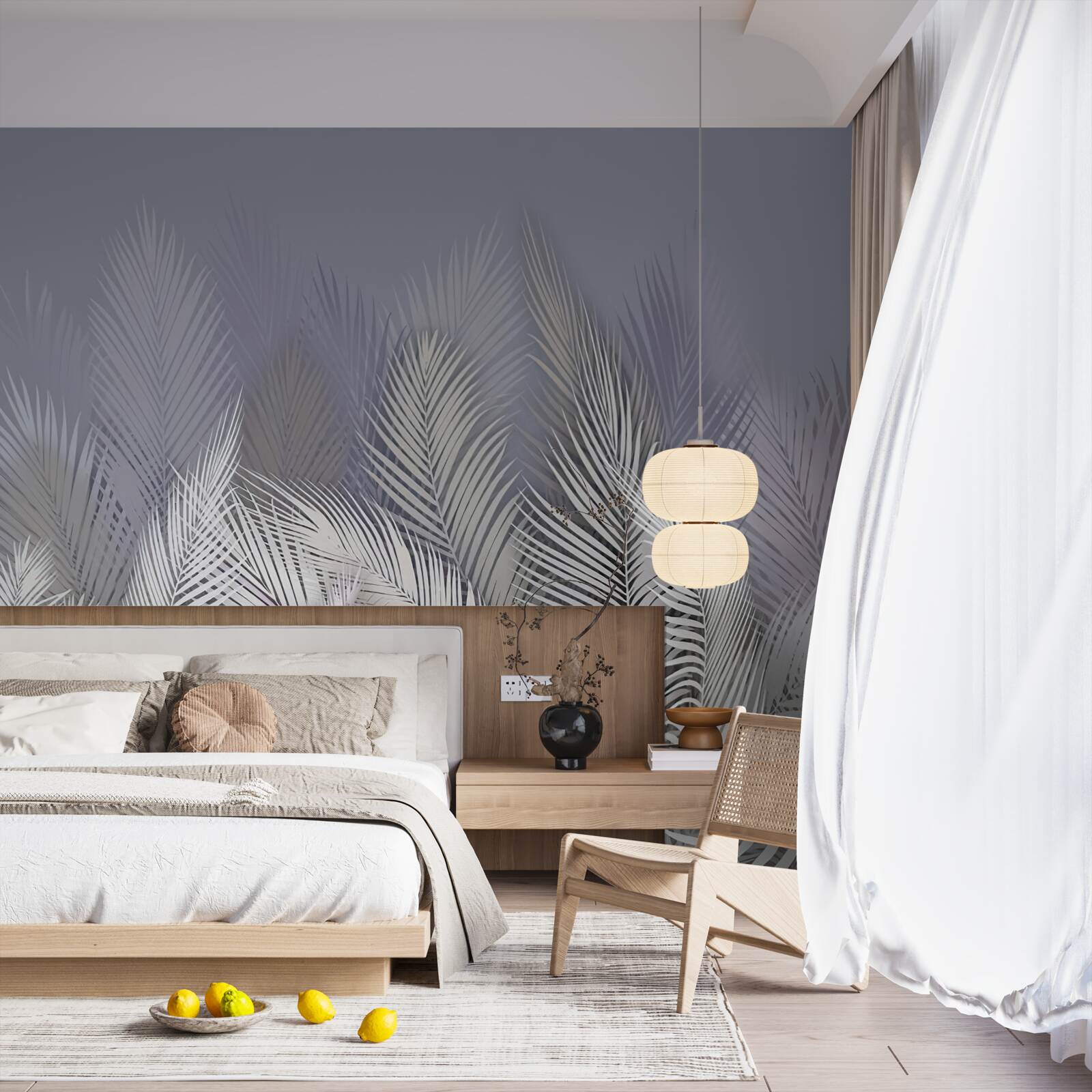 Fotobehang witte palmbladeren in het donker