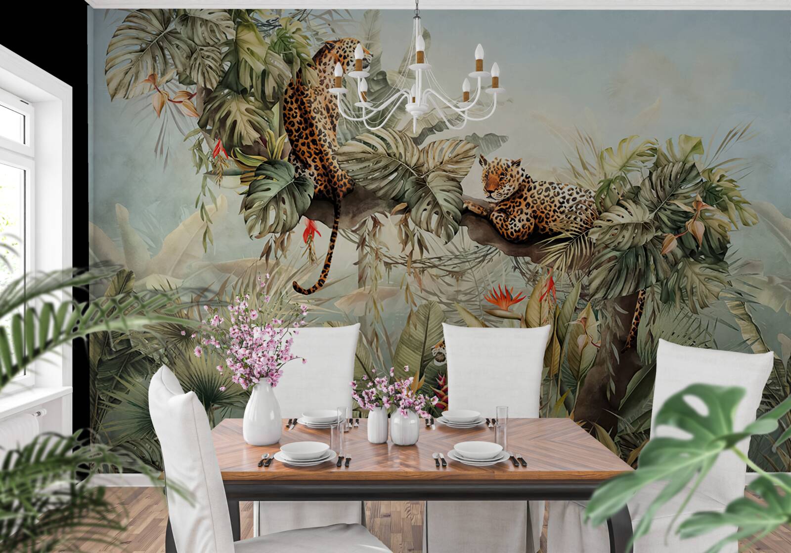 Fotobehang bij zonsopgang schuilen luipaarden in een boom