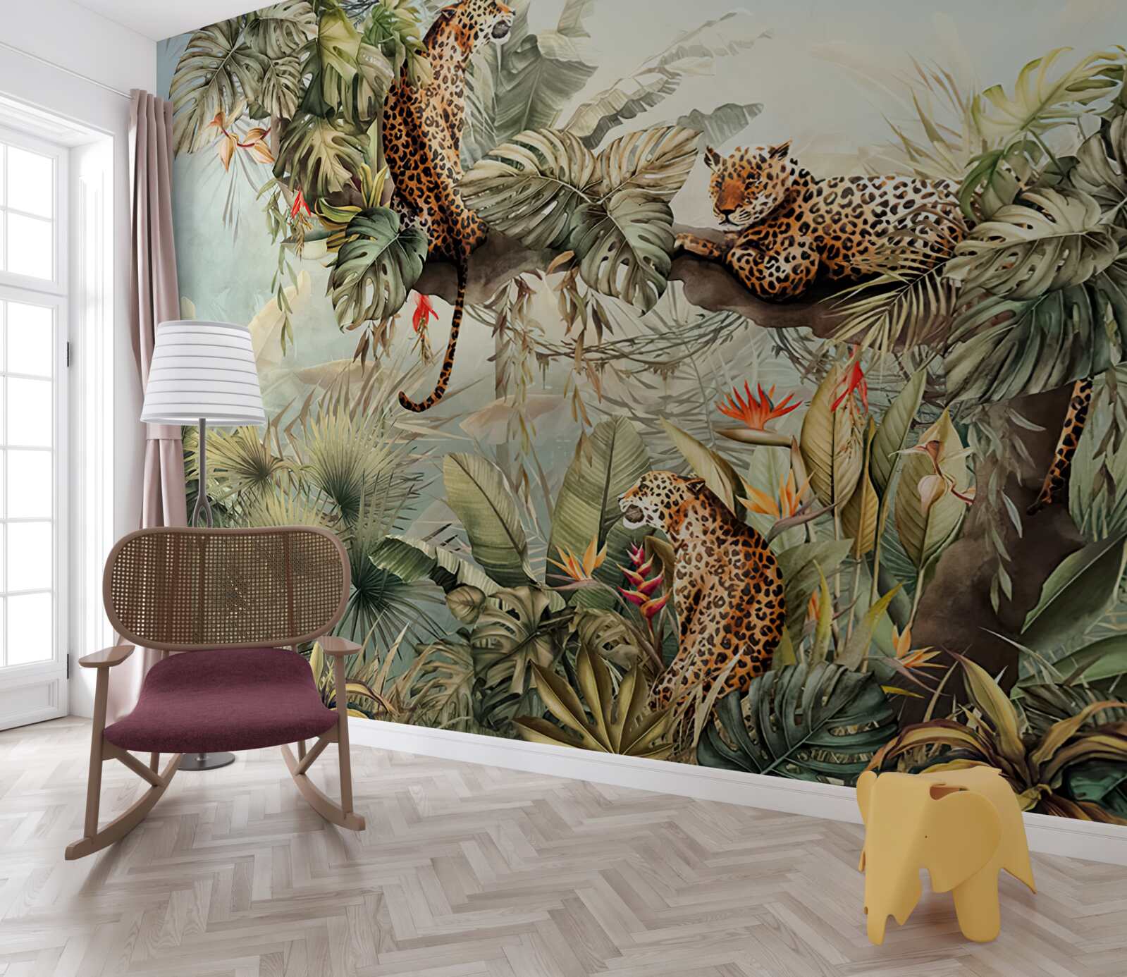 Fotobehang bij zonsopgang schuilen luipaarden in een boom