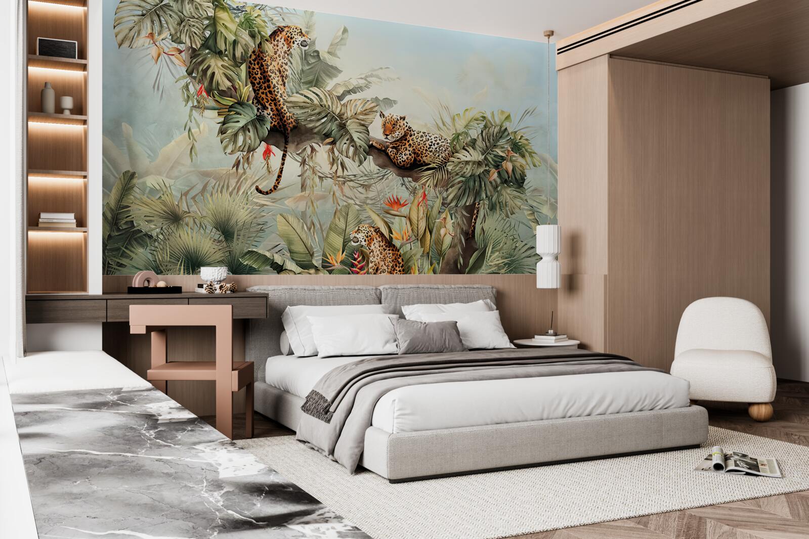 Fotobehang bij zonsopgang schuilen luipaarden in een boom