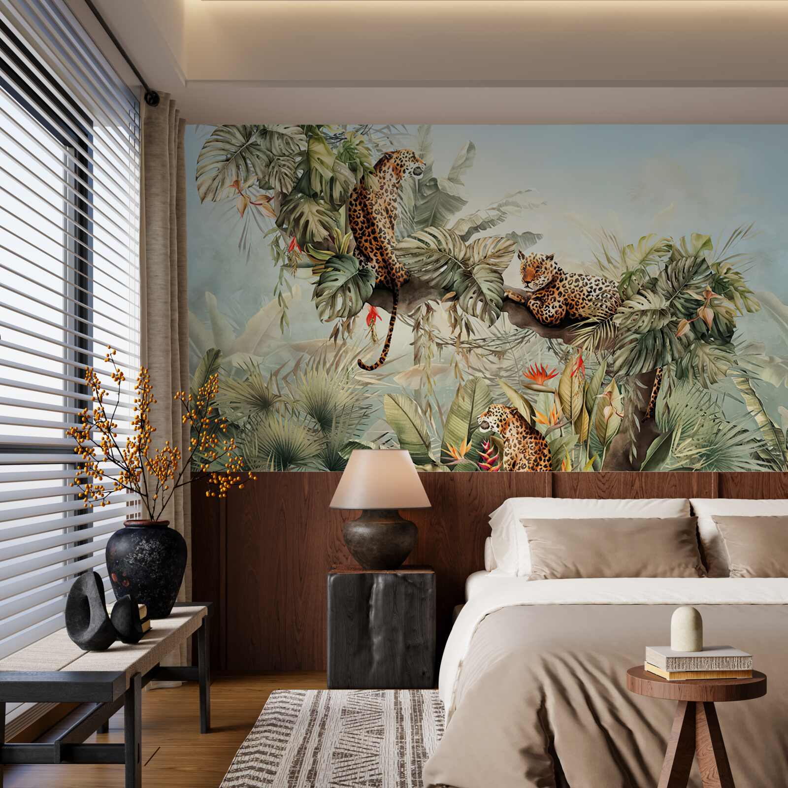 Fotobehang bij zonsopgang schuilen luipaarden in een boom