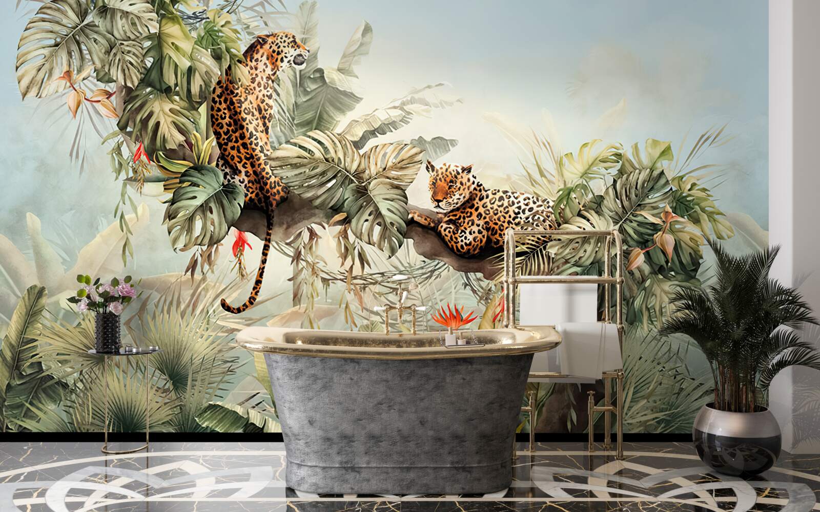 Fotobehang bij zonsopgang schuilen luipaarden in een boom