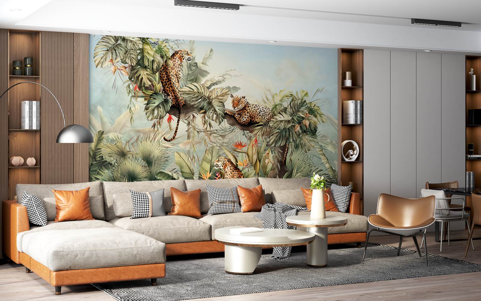 Fotobehang bij zonsopgang schuilen luipaarden in een boom