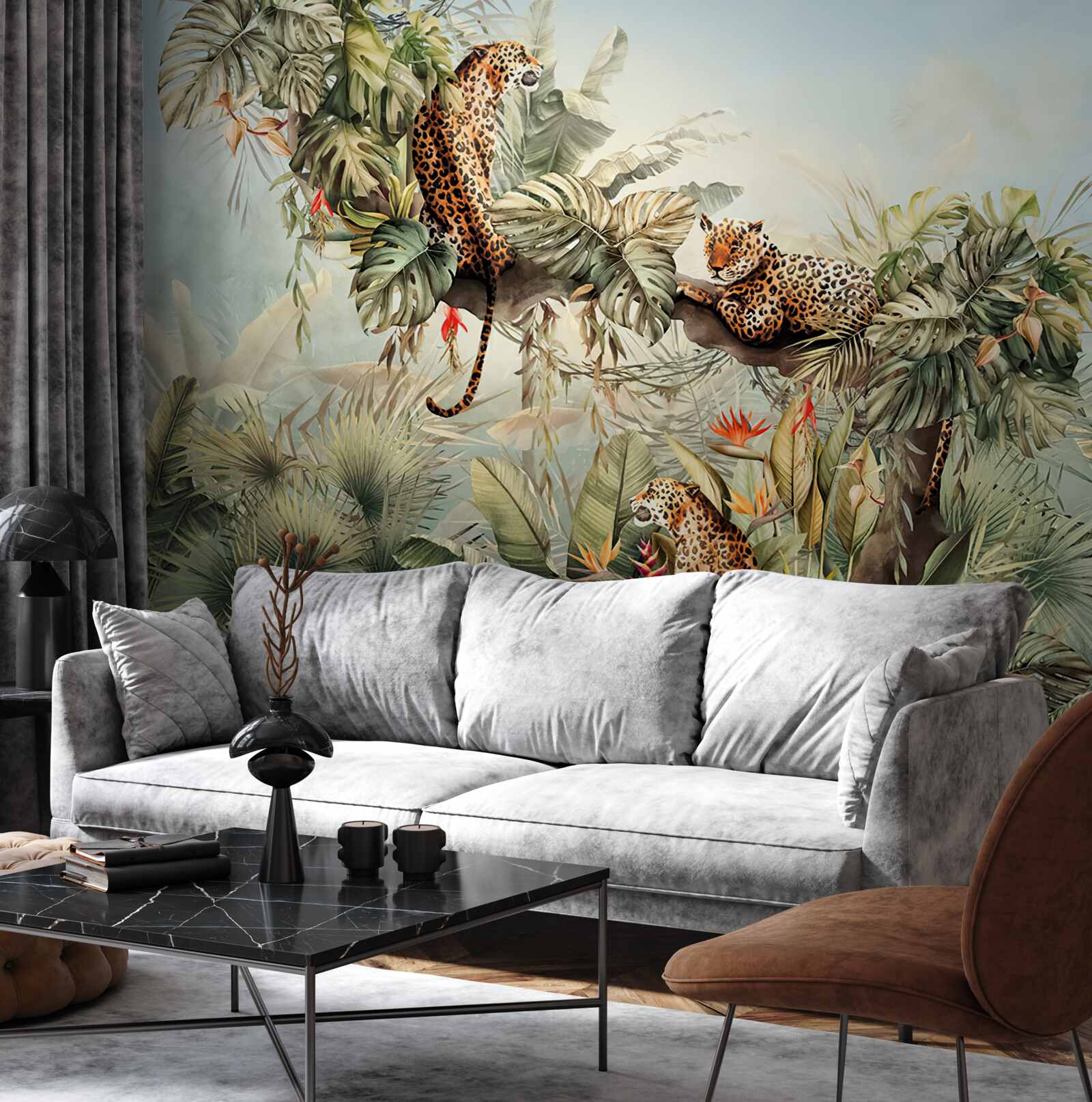 Fotobehang bij zonsopgang schuilen luipaarden in een boom