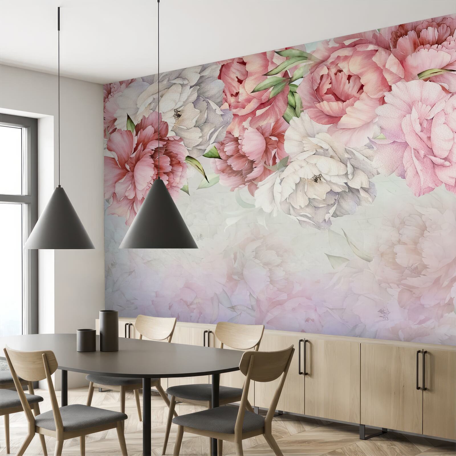 Fotobehang heldere achtergrond versierd met delicate roze bloemen