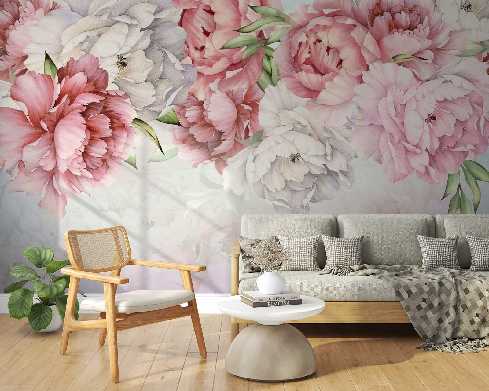 Fotobehang heldere achtergrond versierd met delicate roze bloemen