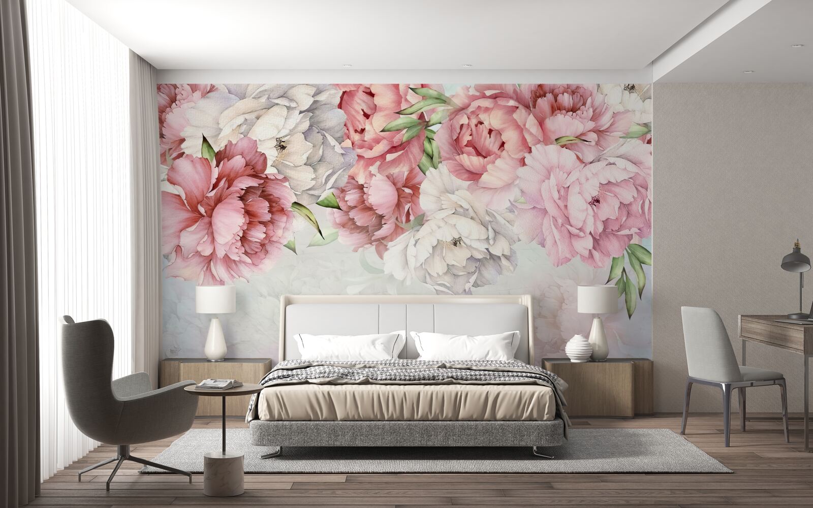 Fotobehang heldere achtergrond versierd met delicate roze bloemen
