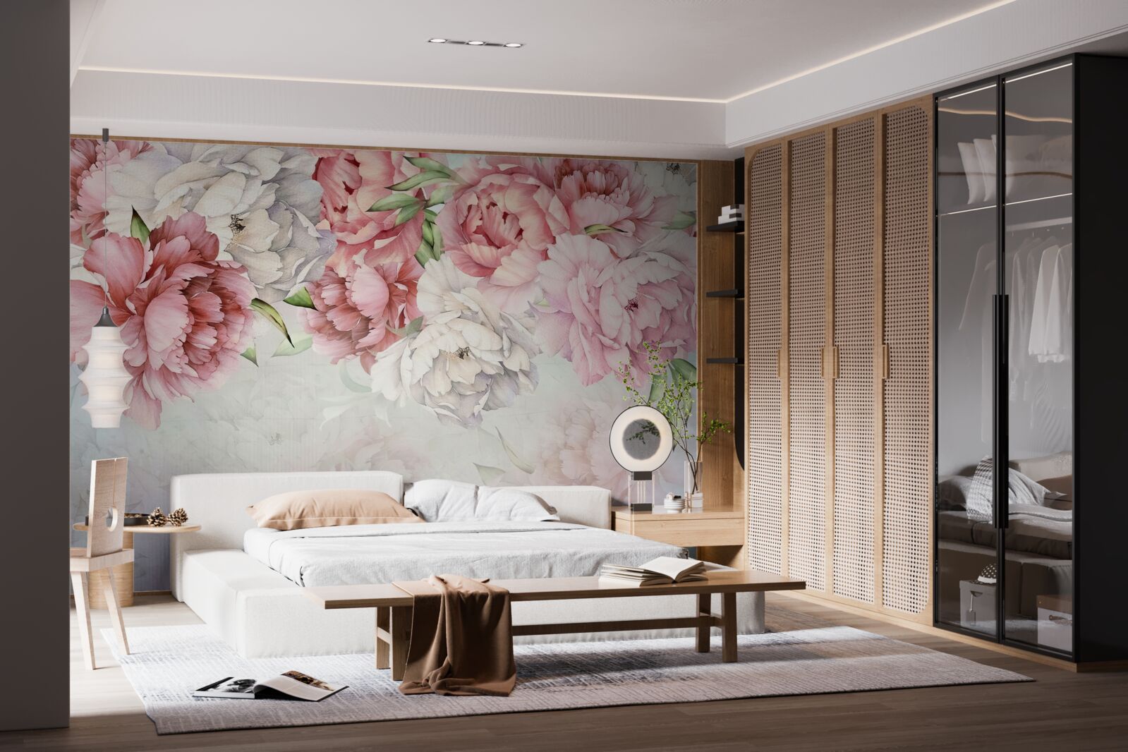 Fotobehang heldere achtergrond versierd met delicate roze bloemen