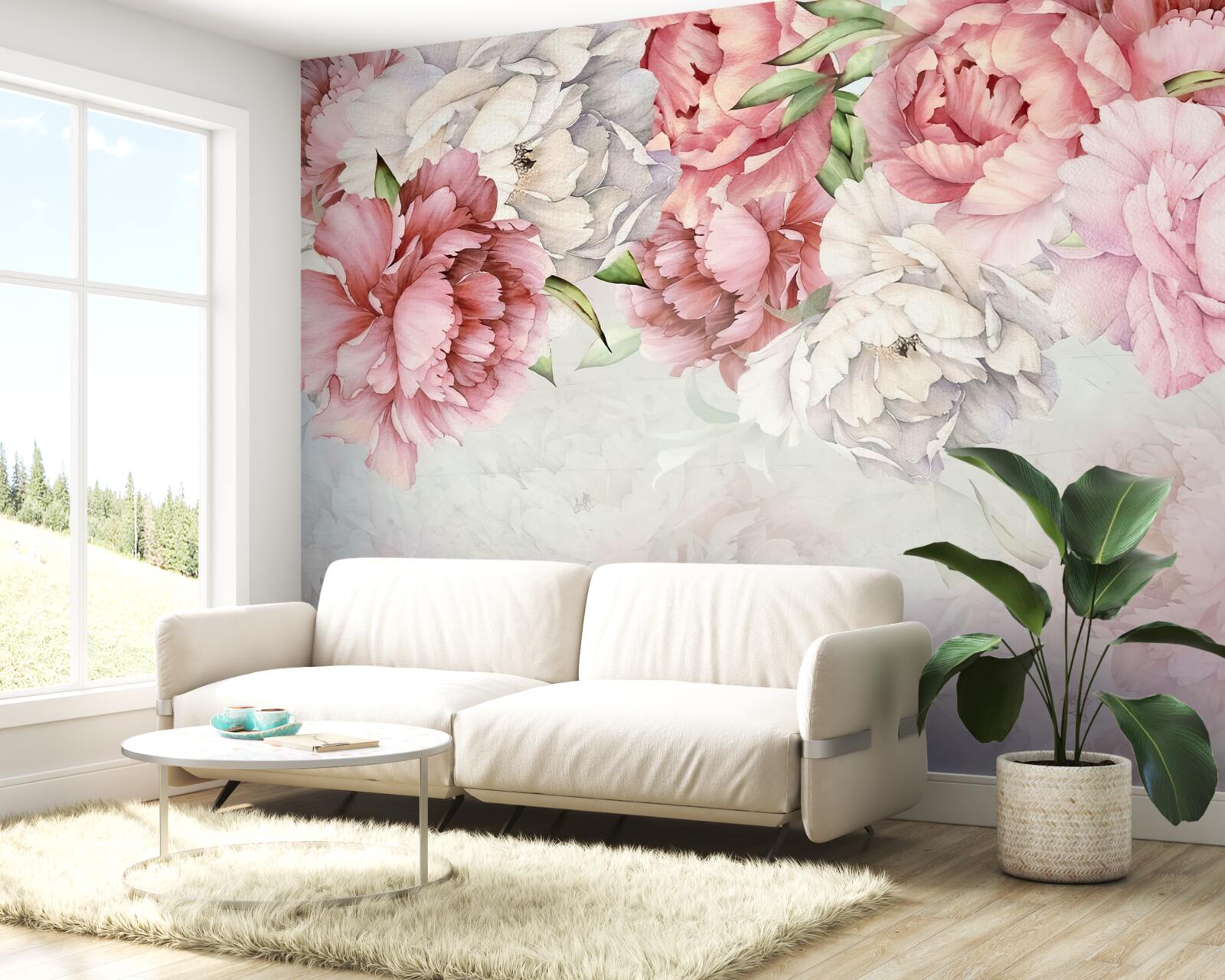 Fotobehang heldere achtergrond versierd met delicate roze bloemen