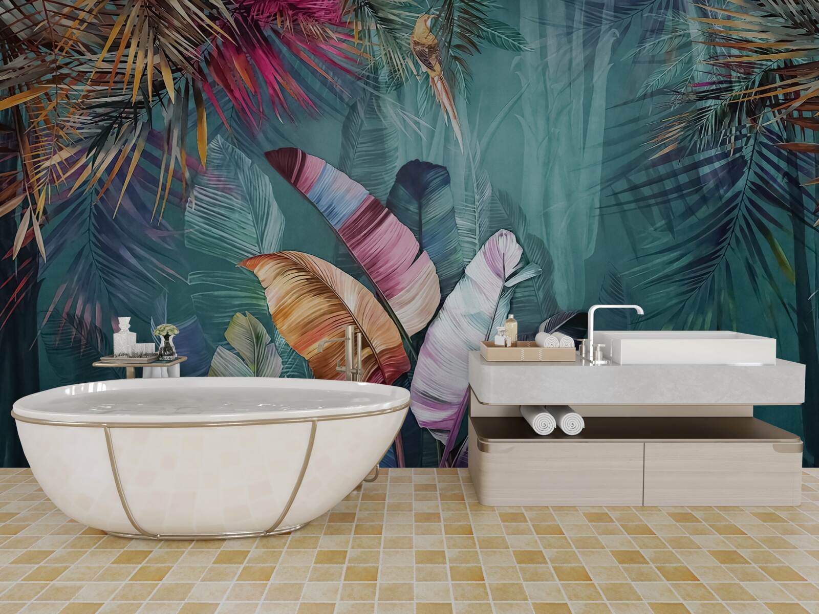 Fotobehang prachtige set tropische boombladeren geschilderd in herfsttinten