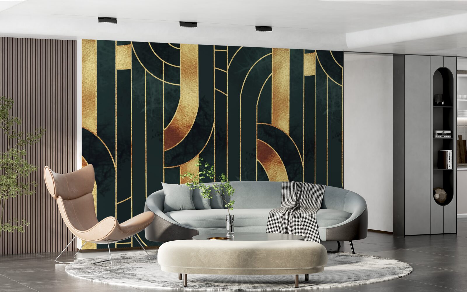 Fotobehang sierlijke lijnen van goud en smaragd