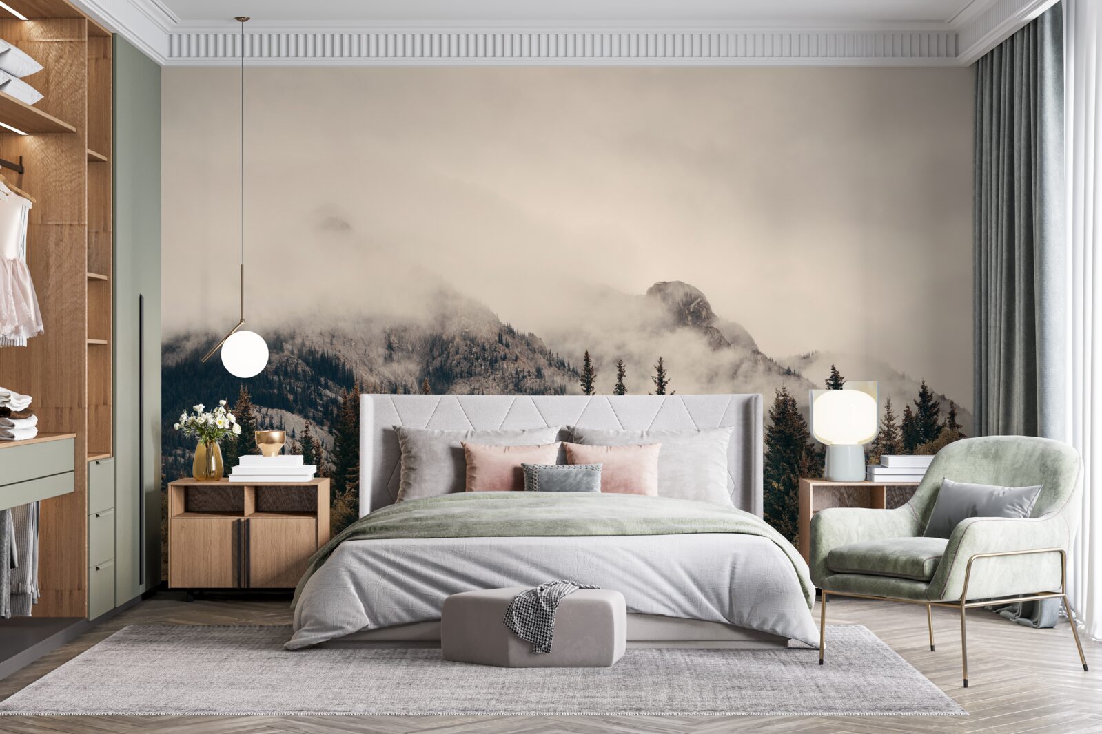 Fotobehang hoge bergen zijn in mist gehuld