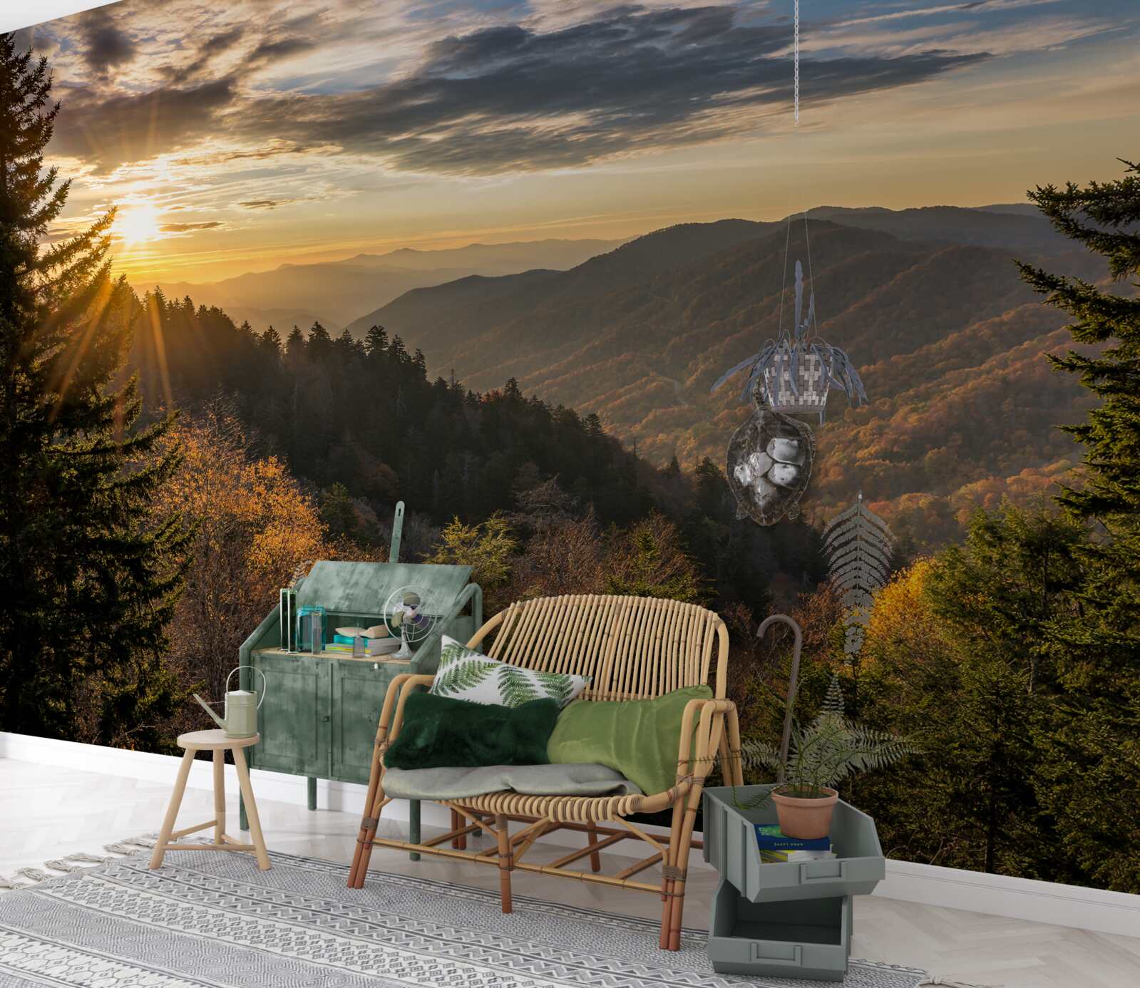 Fotobehang de ondergaande zon over de bergtoppen