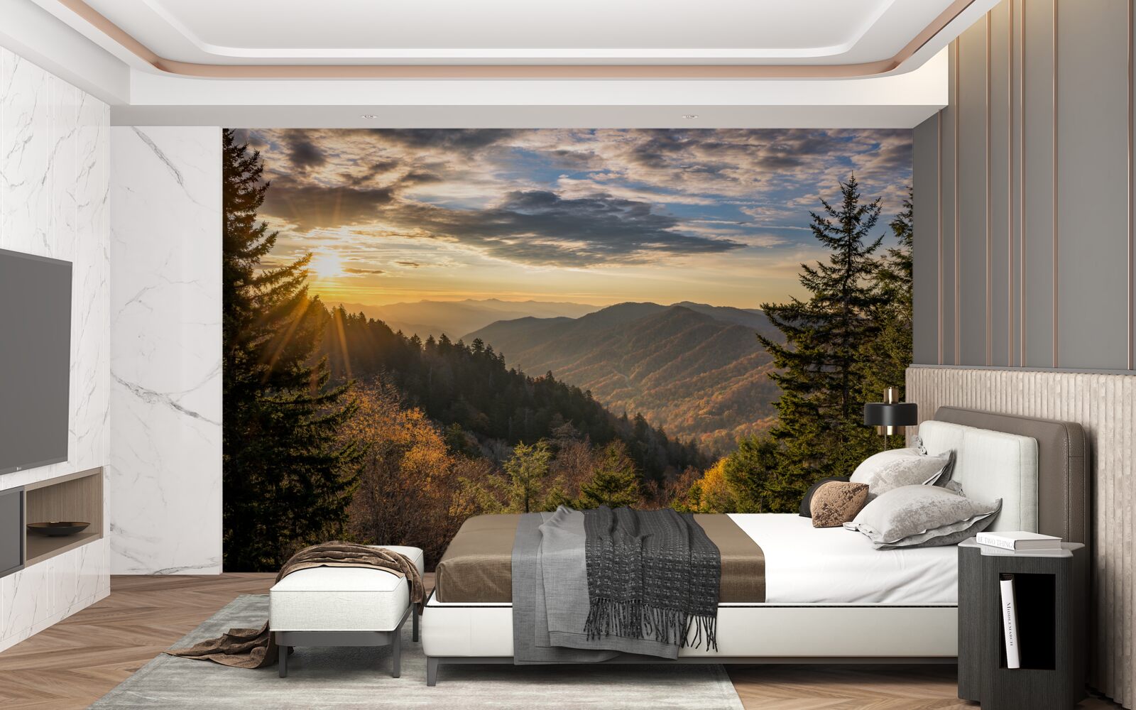 Fotobehang de ondergaande zon over de bergtoppen