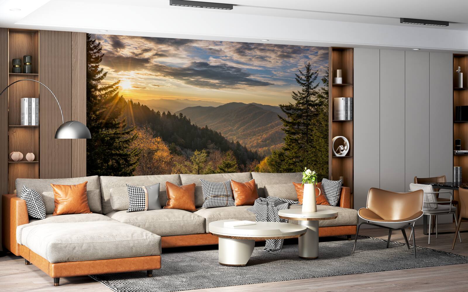 Fotobehang de ondergaande zon over de bergtoppen