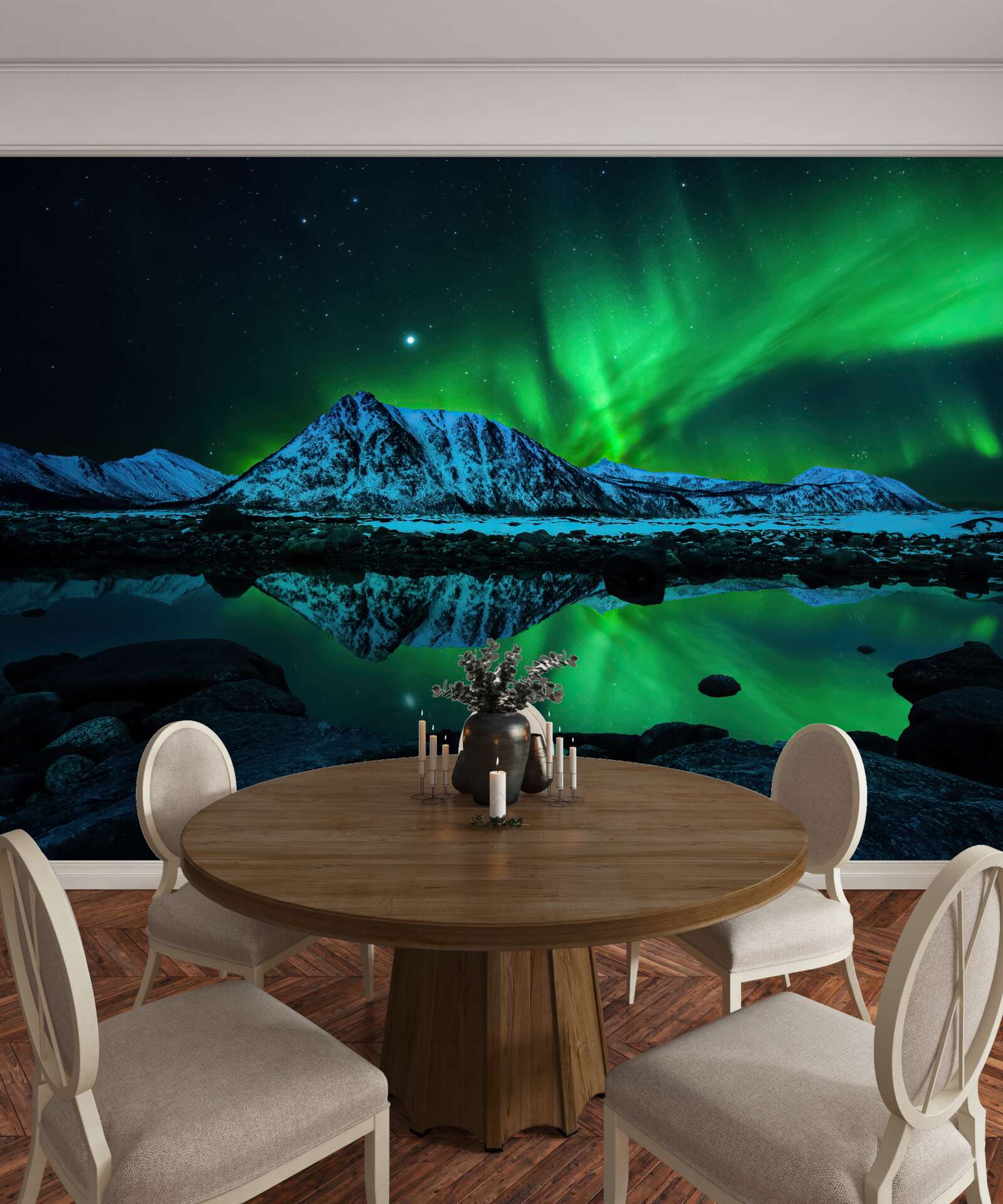 Fotobehang verbluffend noorderlicht boven de zee