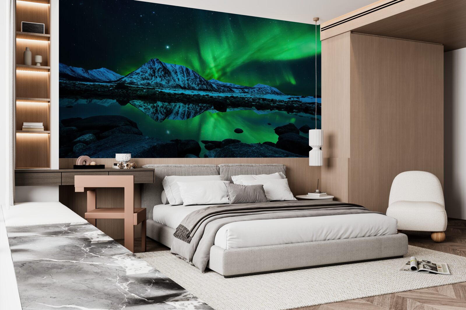 Fotobehang verbluffend noorderlicht boven de zee