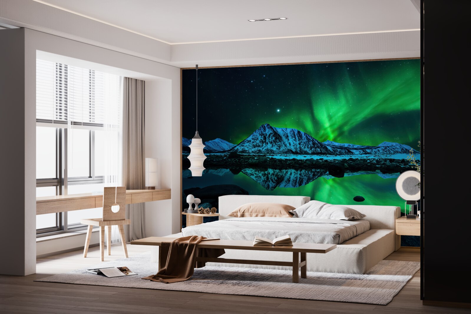 Fotobehang verbluffend noorderlicht boven de zee