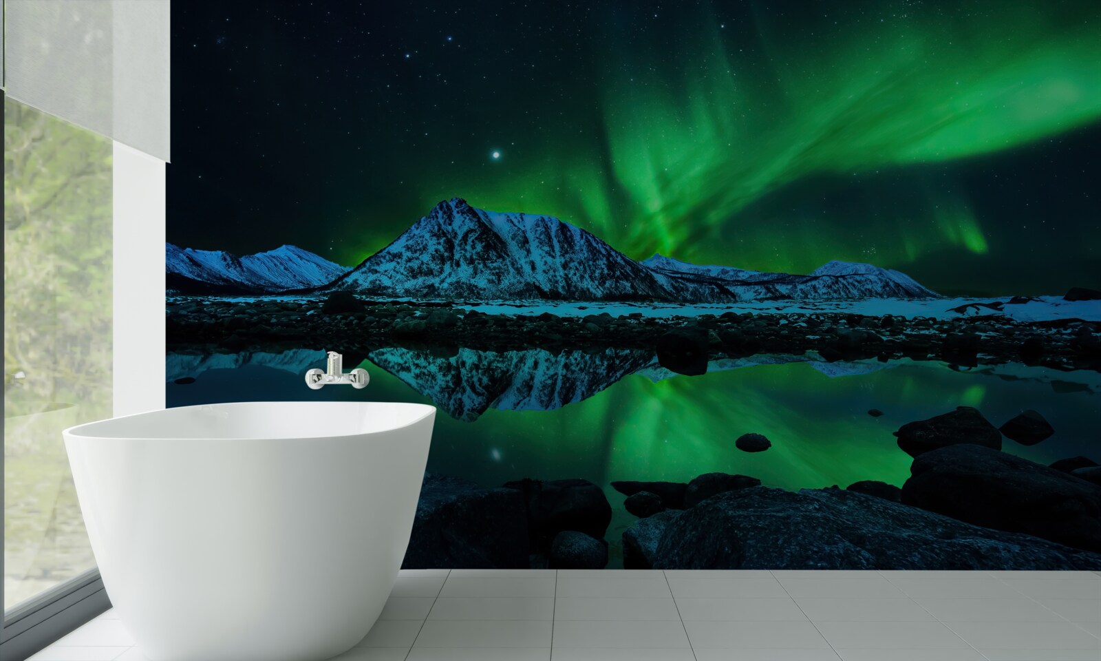 Fotobehang verbluffend noorderlicht boven de zee