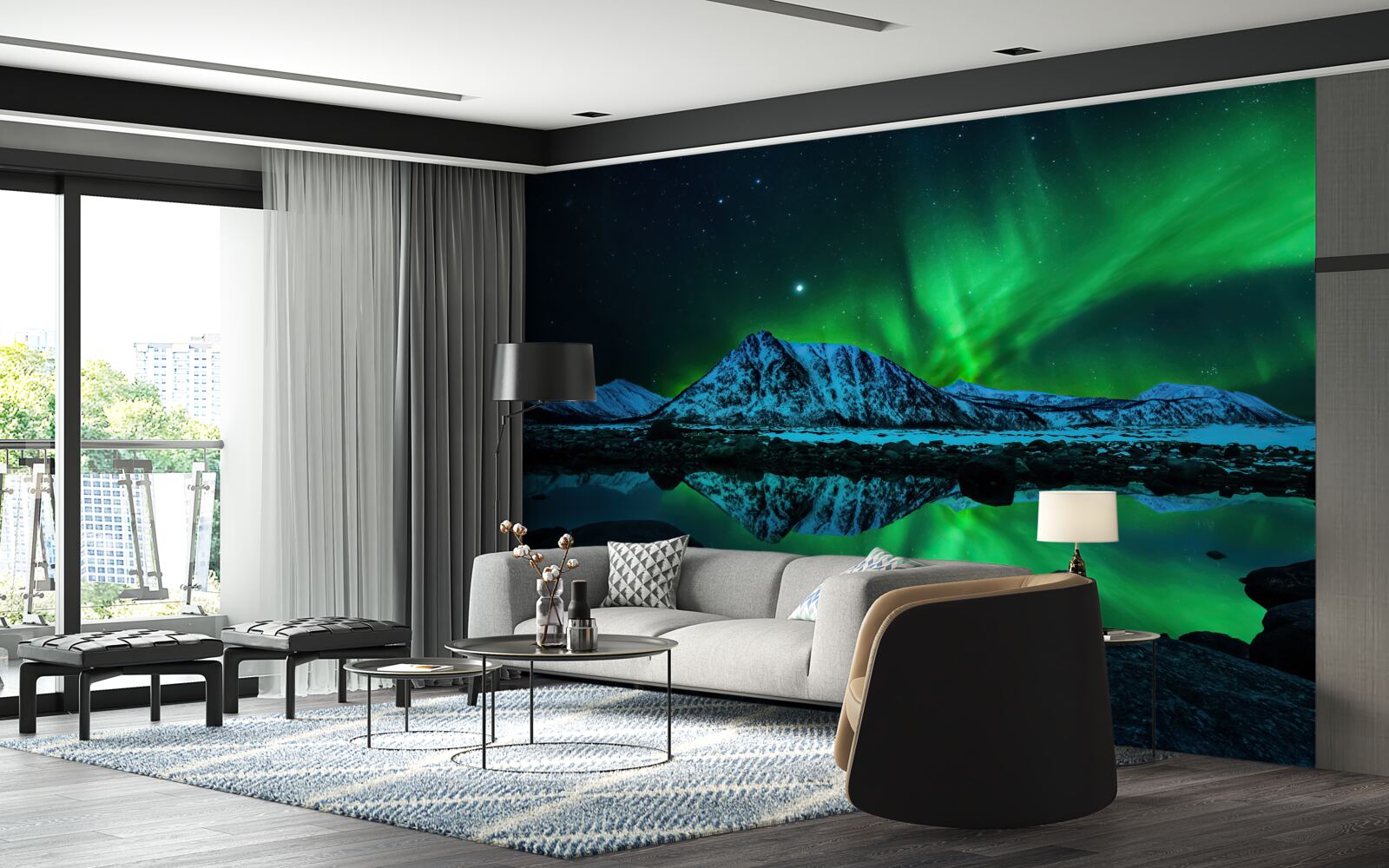 Fotobehang verbluffend noorderlicht boven de zee