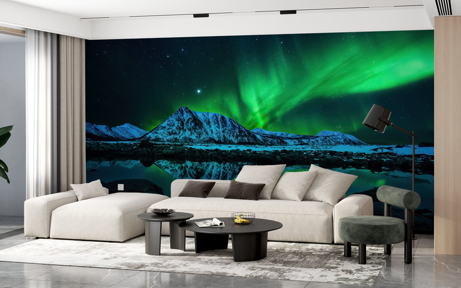 Fotobehang verbluffend noorderlicht boven de zee