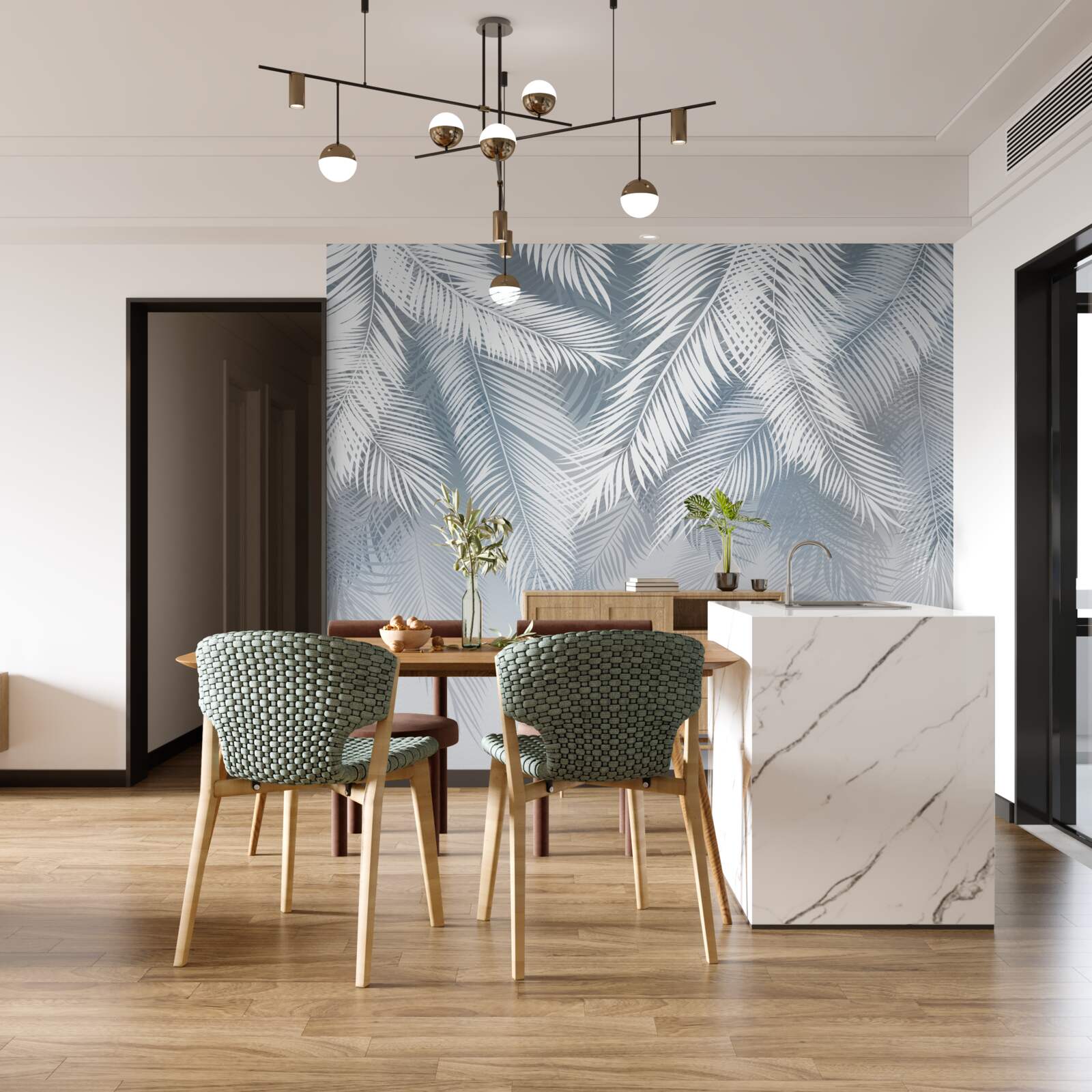 Fotobehang veerachtige bladeren, hangend