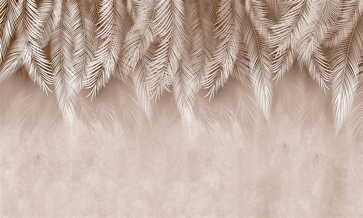 Fotobehang roze achtergrond versierd met witte palmbladeren