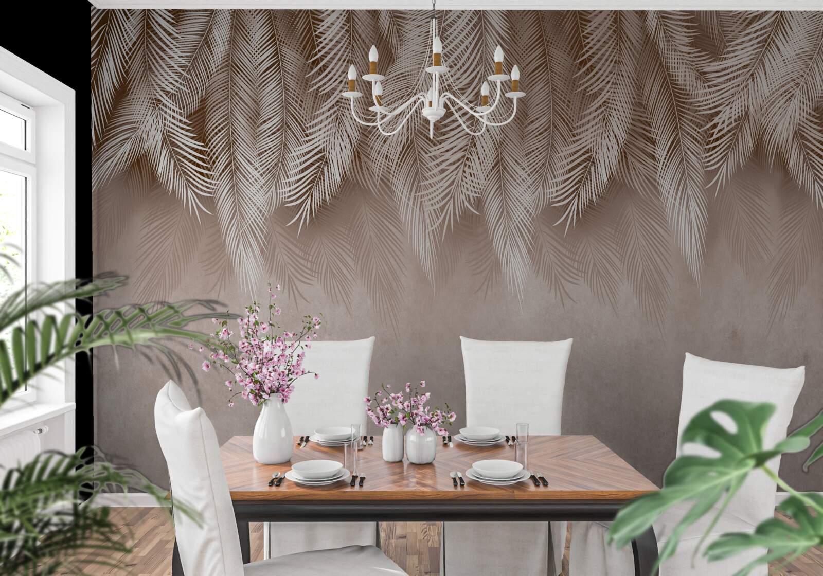 Fotobehang roze achtergrond versierd met witte palmbladeren