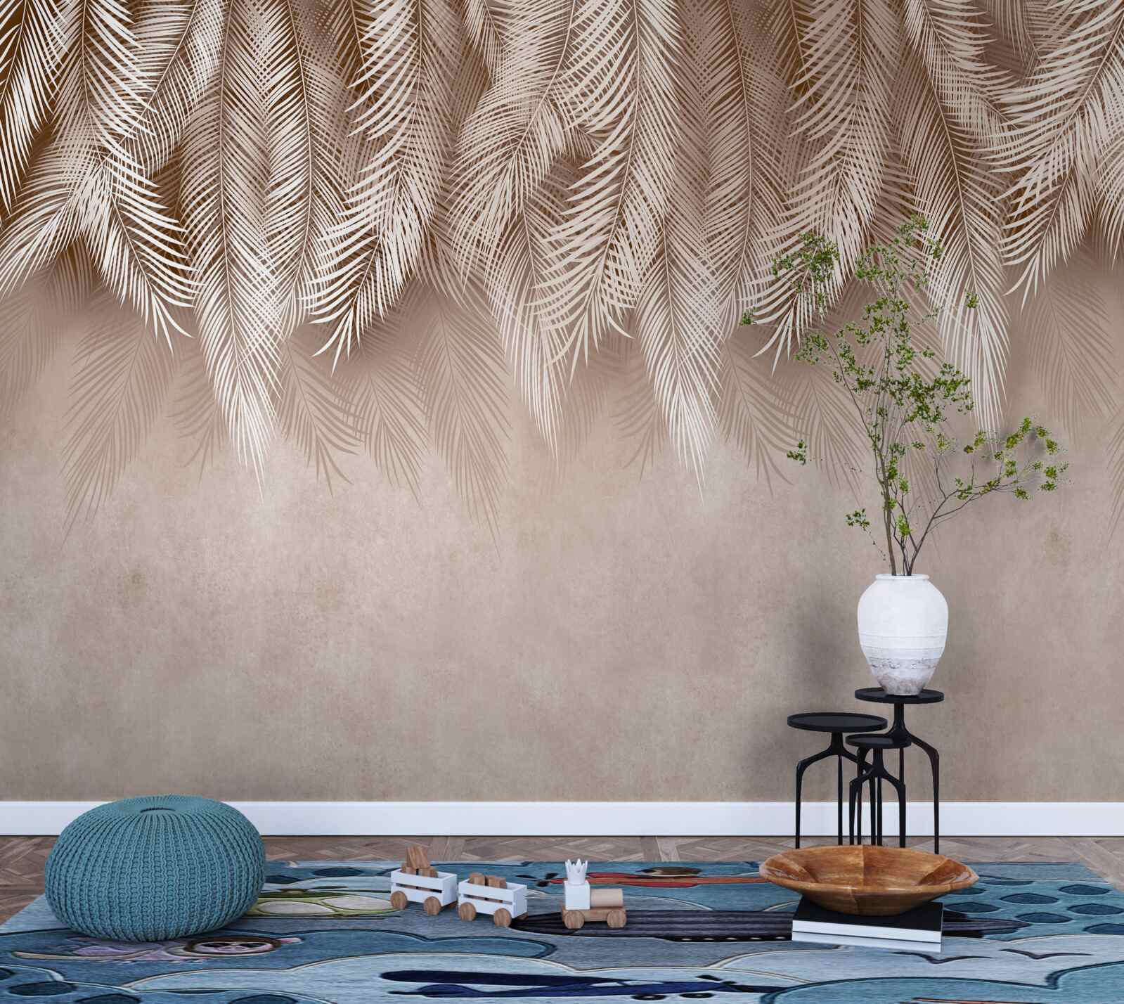 Fotobehang roze achtergrond versierd met witte palmbladeren