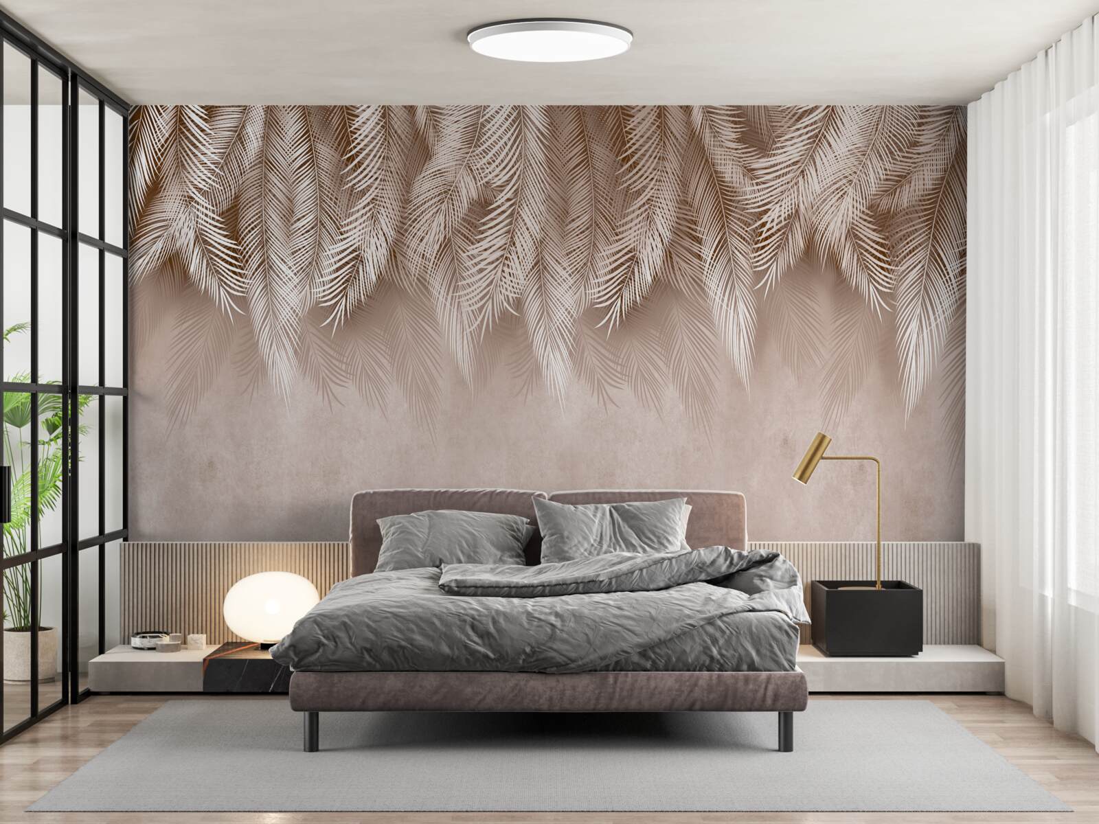 Fotobehang roze achtergrond versierd met witte palmbladeren