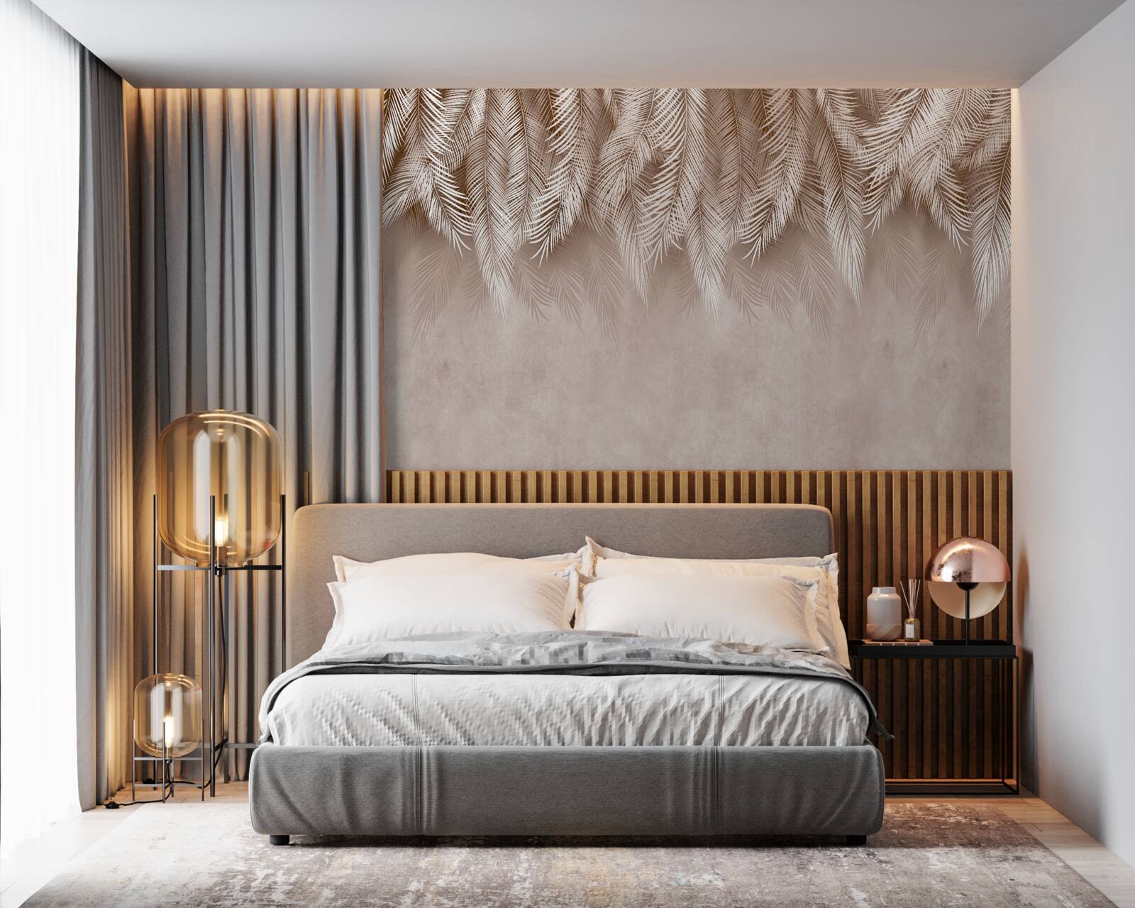 Fotobehang roze achtergrond versierd met witte palmbladeren