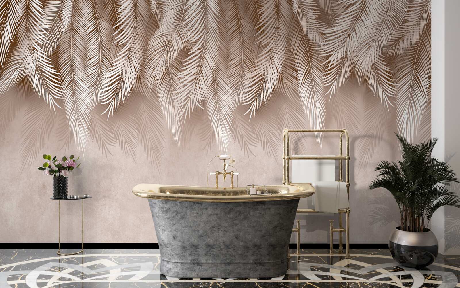 Fotobehang roze achtergrond versierd met witte palmbladeren