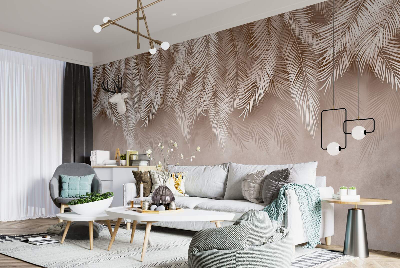 Fotobehang roze achtergrond versierd met witte palmbladeren