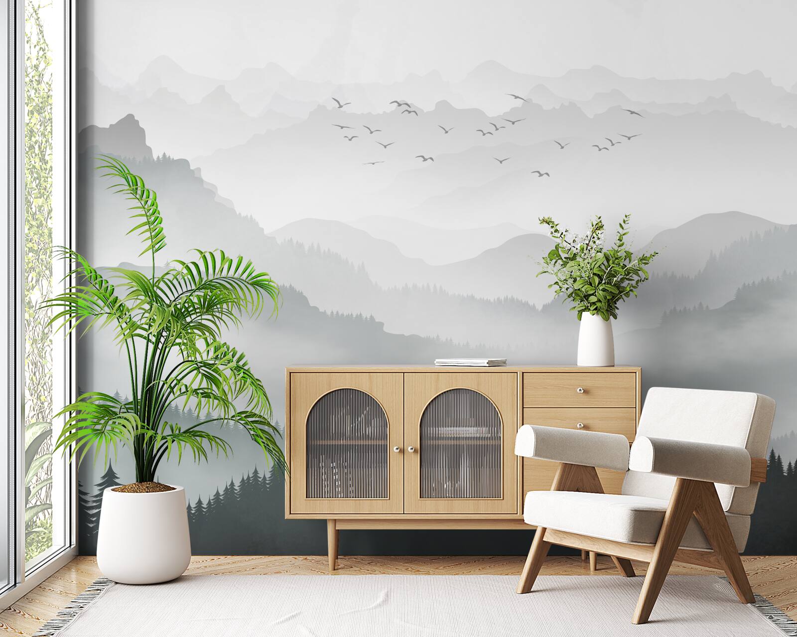 Fotobehang mist bedekt dik de rotsachtige pieken