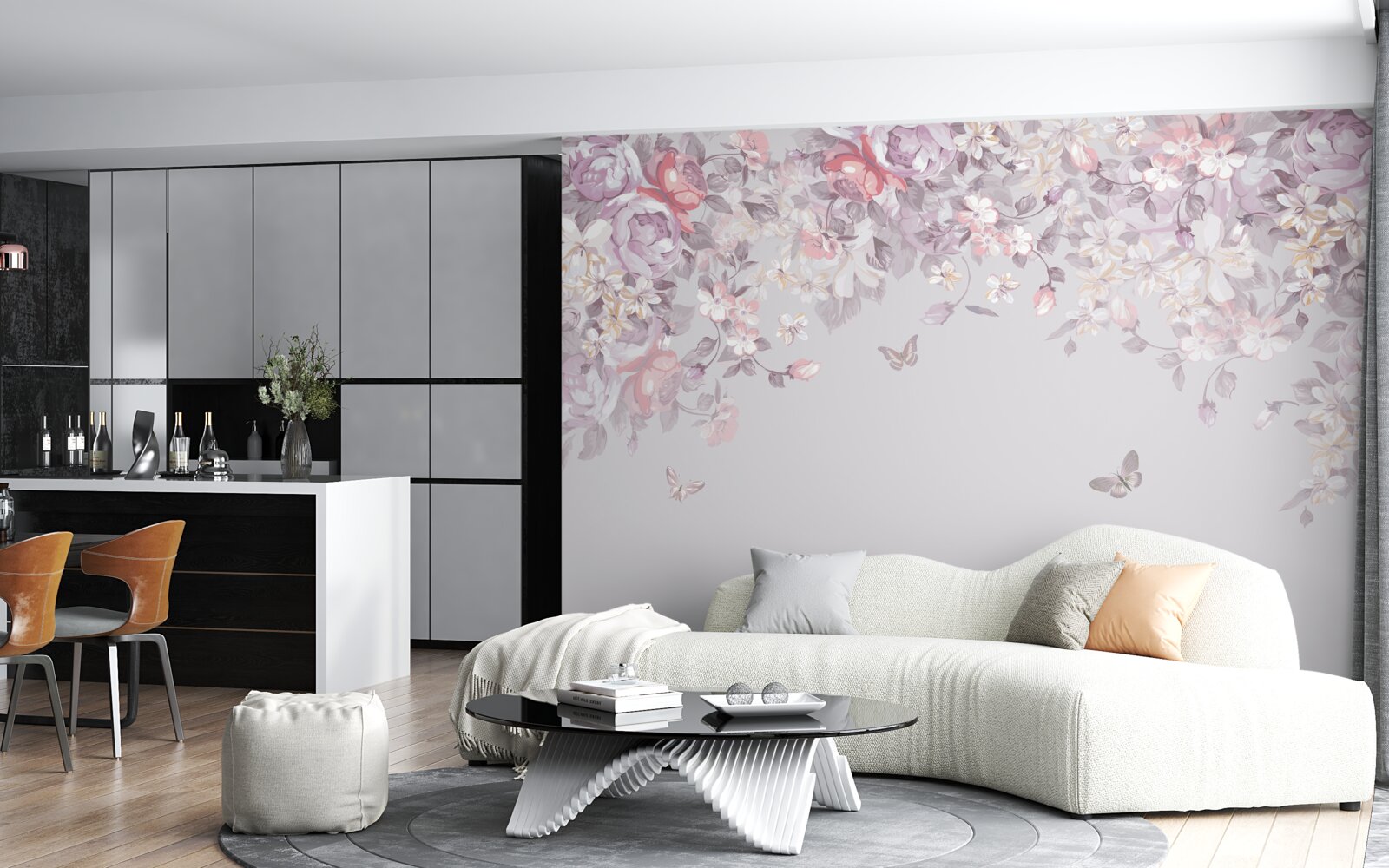 Fotobehang een tuin waar bloemen en vlinders bloeien