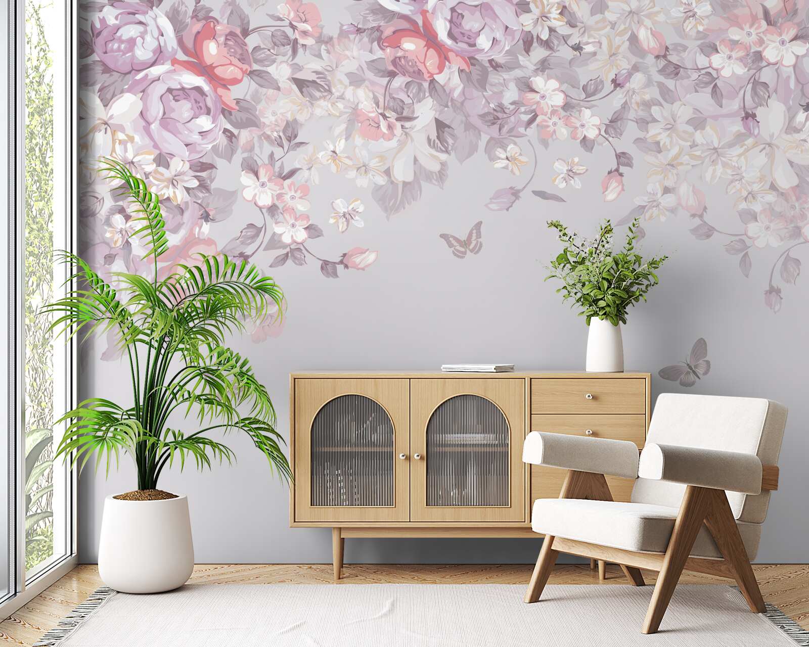 Fotobehang een tuin waar bloemen en vlinders bloeien