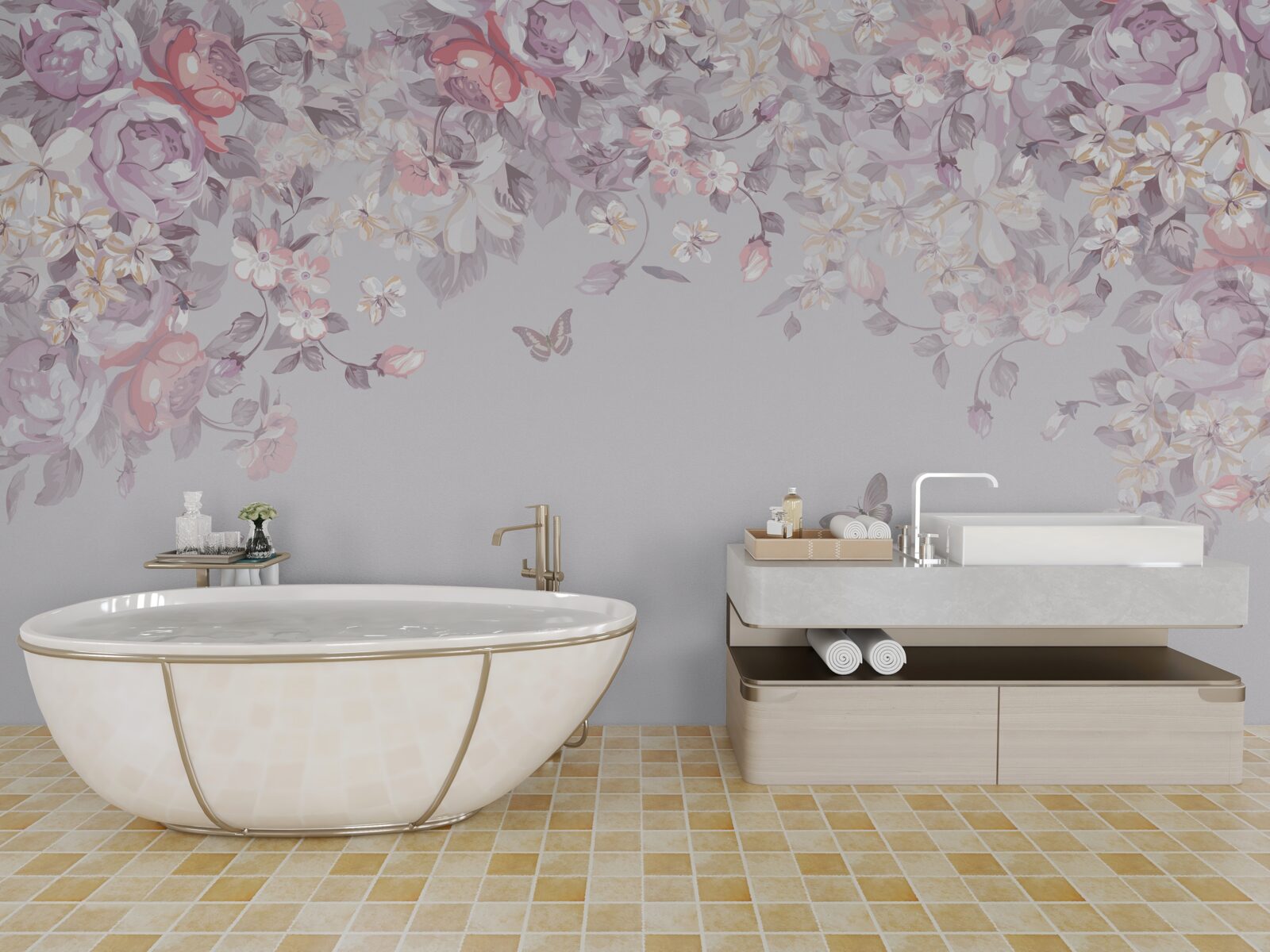 Fotobehang een tuin waar bloemen en vlinders bloeien